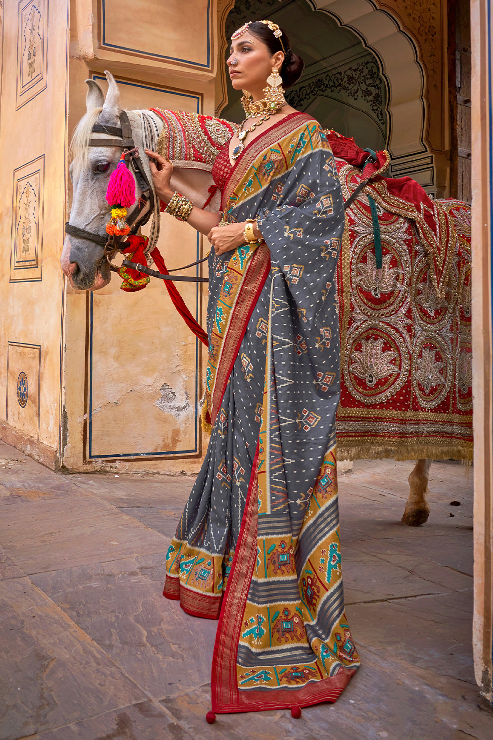 Contrasting Multi colour Patola Saree on silk With Elegant Gold Print | Contrasting saree | Patola Print Saree | Designer Saree