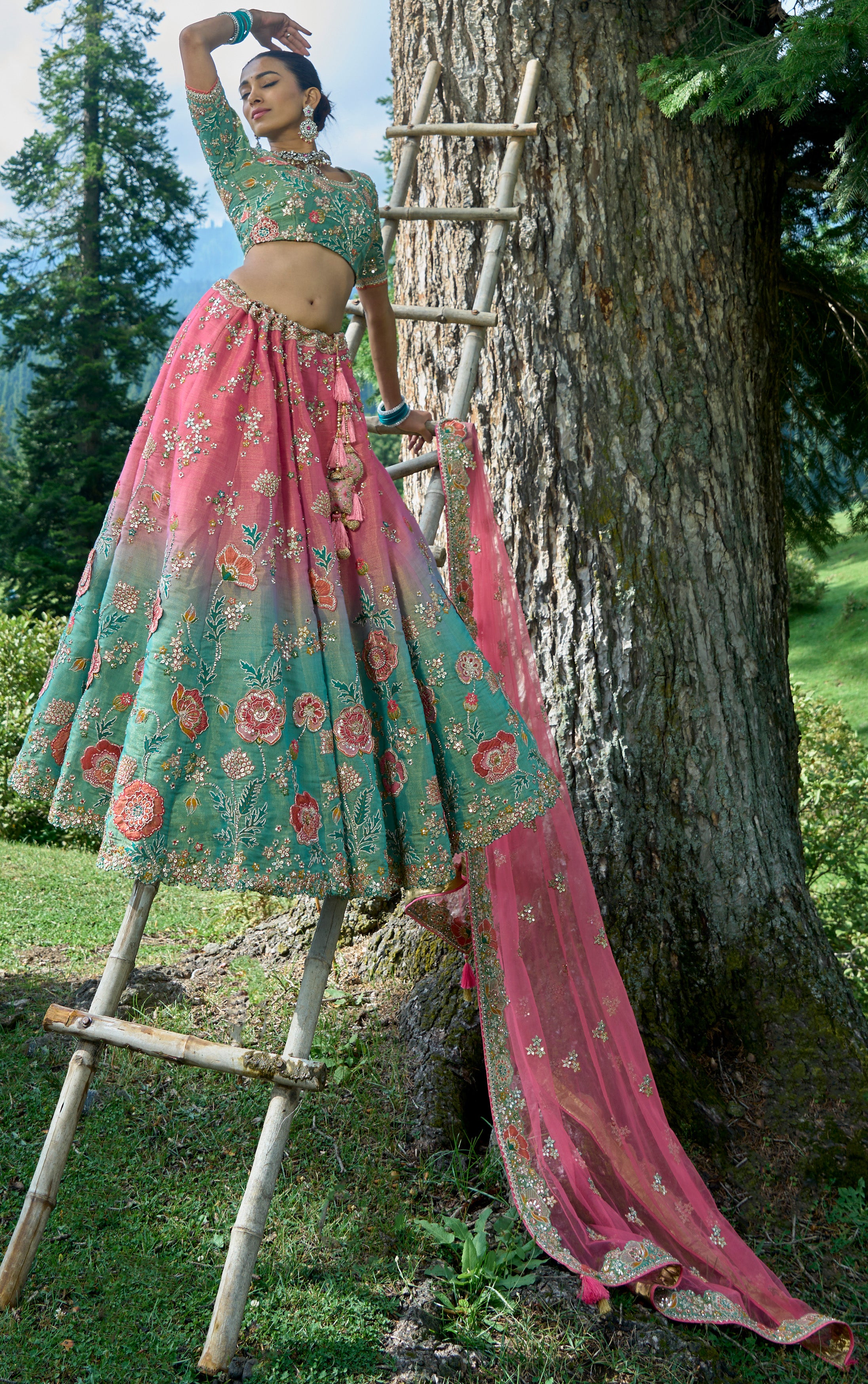 Contrasting Designer light blue & pink lehenga on viscose with Zari, Hand, Thread, embroidery detailed work indian aspired work