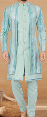 Exclusive Contrasting light blue Thread and Detailed Embroidery Work Indo Western, Sherwani | Indian Traditional Mens Wear