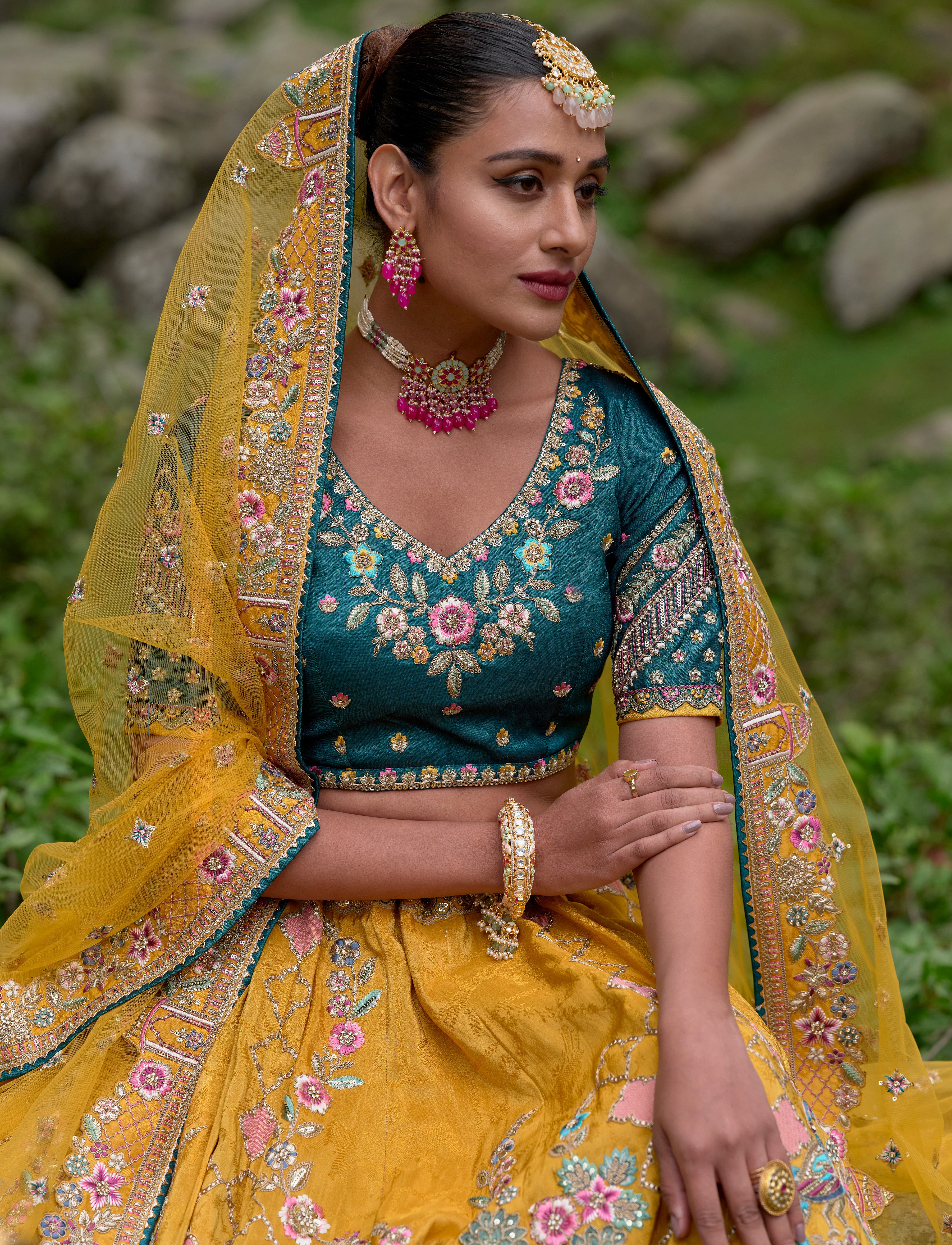 Contrasting Designer yellow on viscose with ari, Hand, Thread, embroidery detailed work indian aspired work