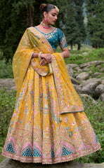 Contrasting Designer yellow on viscose with ari, Hand, Thread, embroidery detailed work indian aspired work