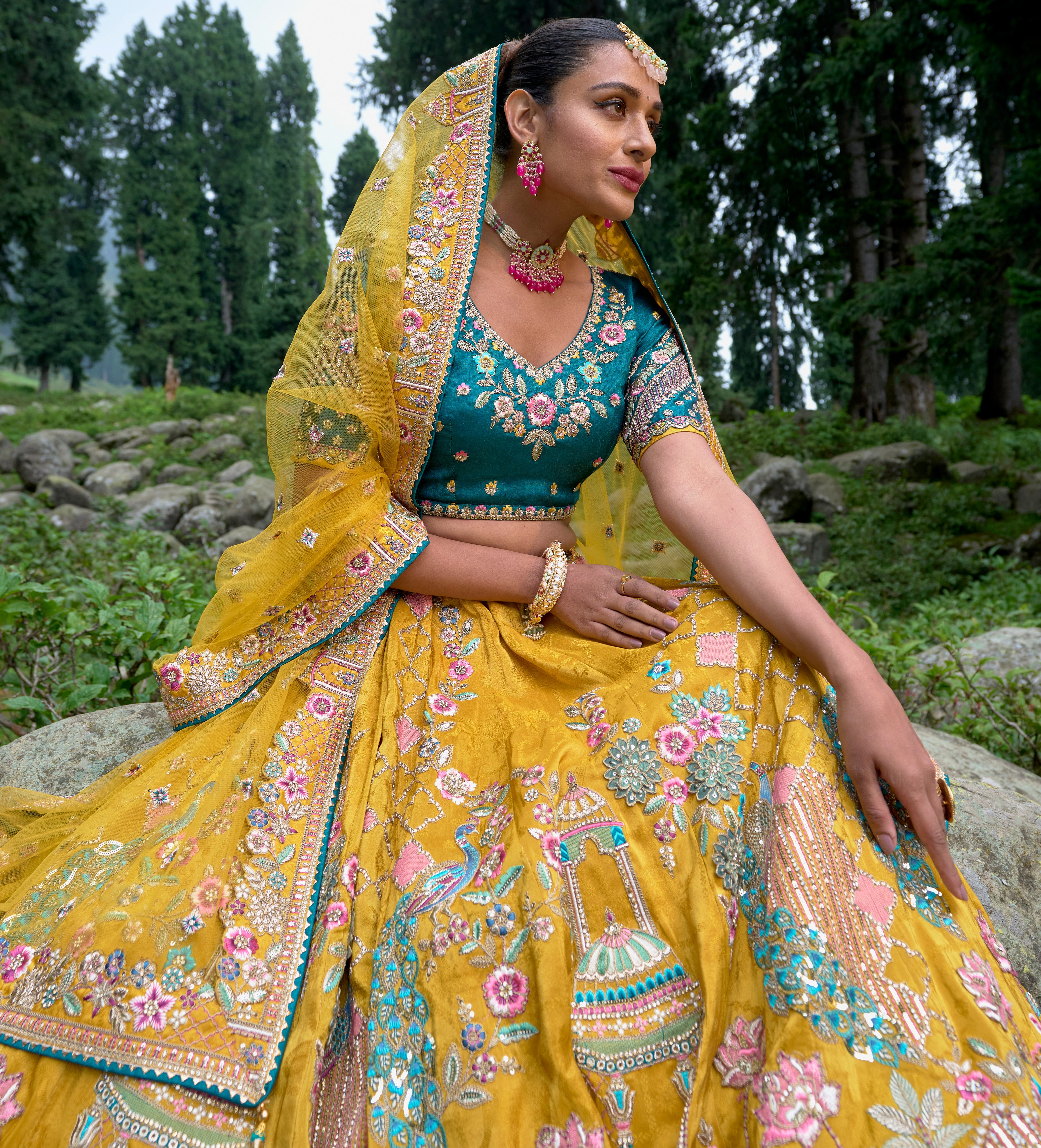 Contrasting Designer yellow on viscose with ari, Hand, Thread, embroidery detailed work indian aspired work