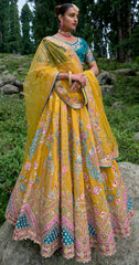 Contrasting Designer yellow on viscose with ari, Hand, Thread, embroidery detailed work indian aspired work