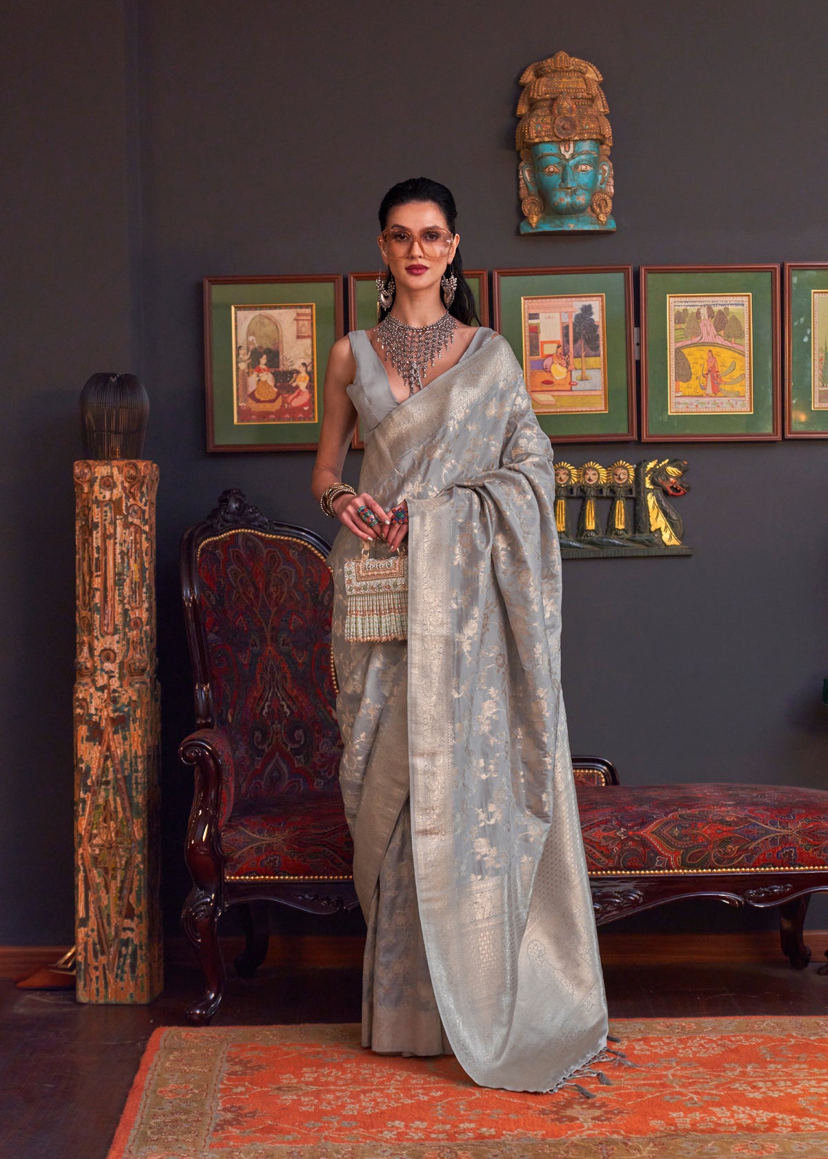 Gray katan habutai silk handloom weaving saree | Silk Saree | Floral Saree