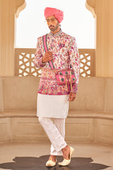 Exclusive latest pink designer mens indowestern sherwani kurta in pure pv silk and foil print patola inspired with handwork