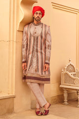 Exclusive latest Light brown designer mens indowestern sherwani kurta in pure pv silk and foil print with handwork