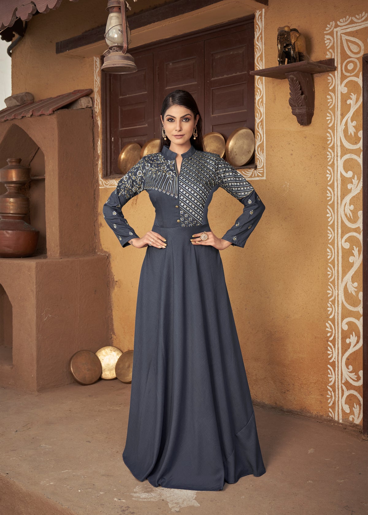 Gray Designer Gown on heavy maslin and embroidery