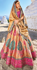 Pure gazzi satin banarasi lehenga with detailed indian aspired print handwork