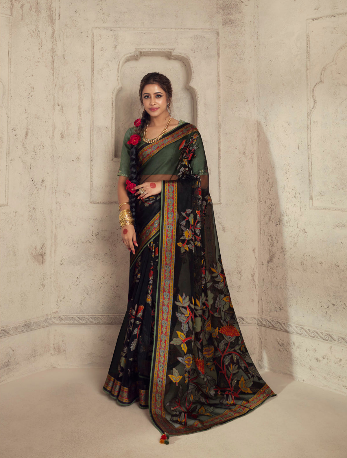 Exquisite Contrasting Black Floral Organza saree with beautiful print, piping work or tassels on pallu | party wear saree | Festive saree