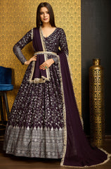 Exclusive Designer Wine Gown on georgette with detailed metallic foil work and handwork on neck