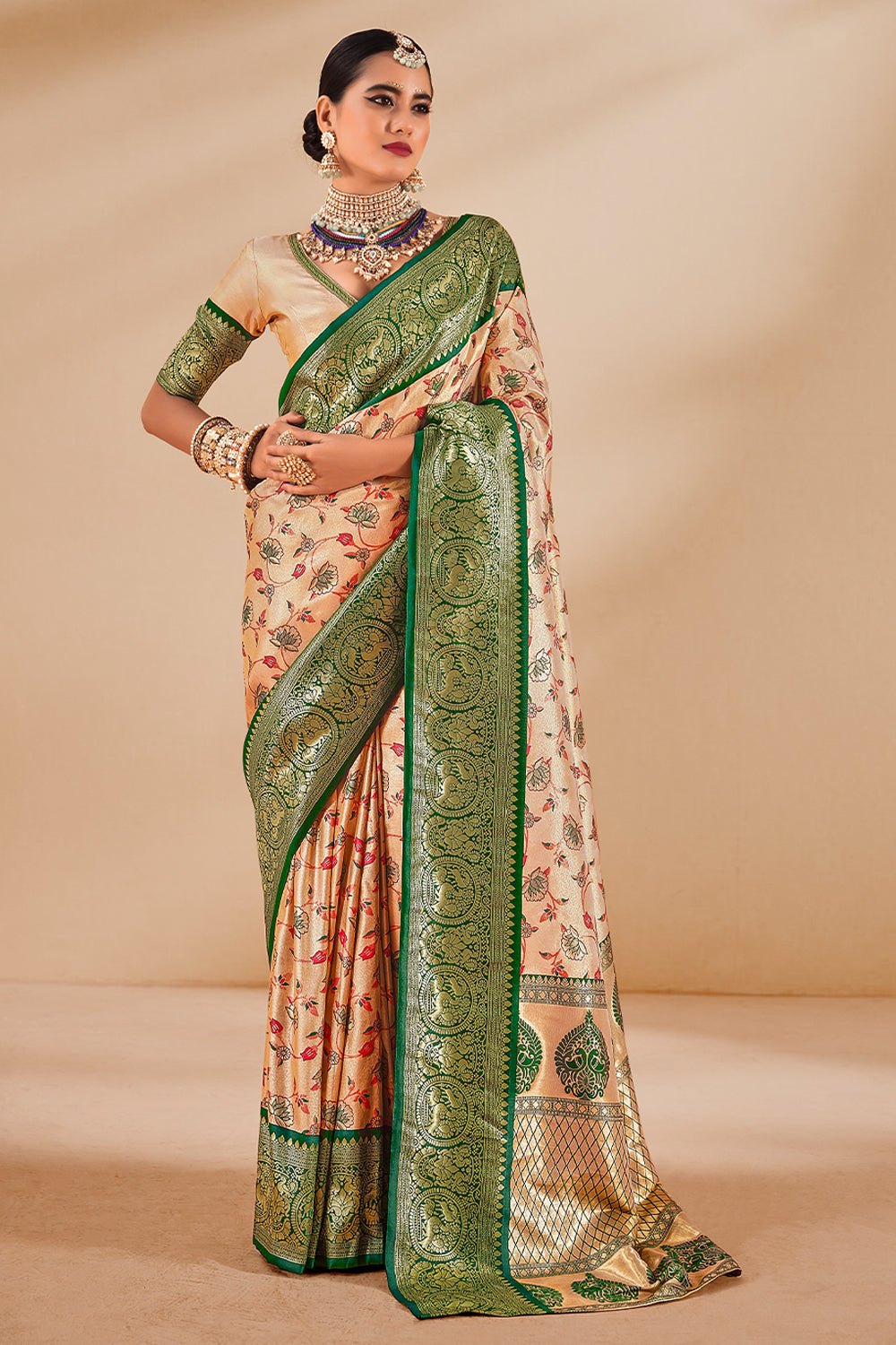 South Indian Green & Cream Contrast Pure Dharmavaram Silk Designer Saree
