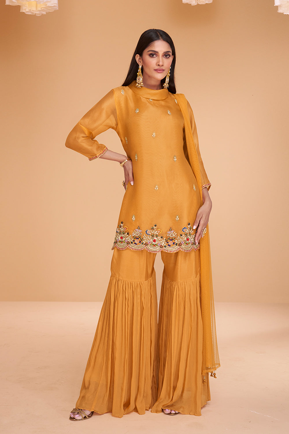 Yellow Rich Pure organza silk dress with net duppata and minimul work