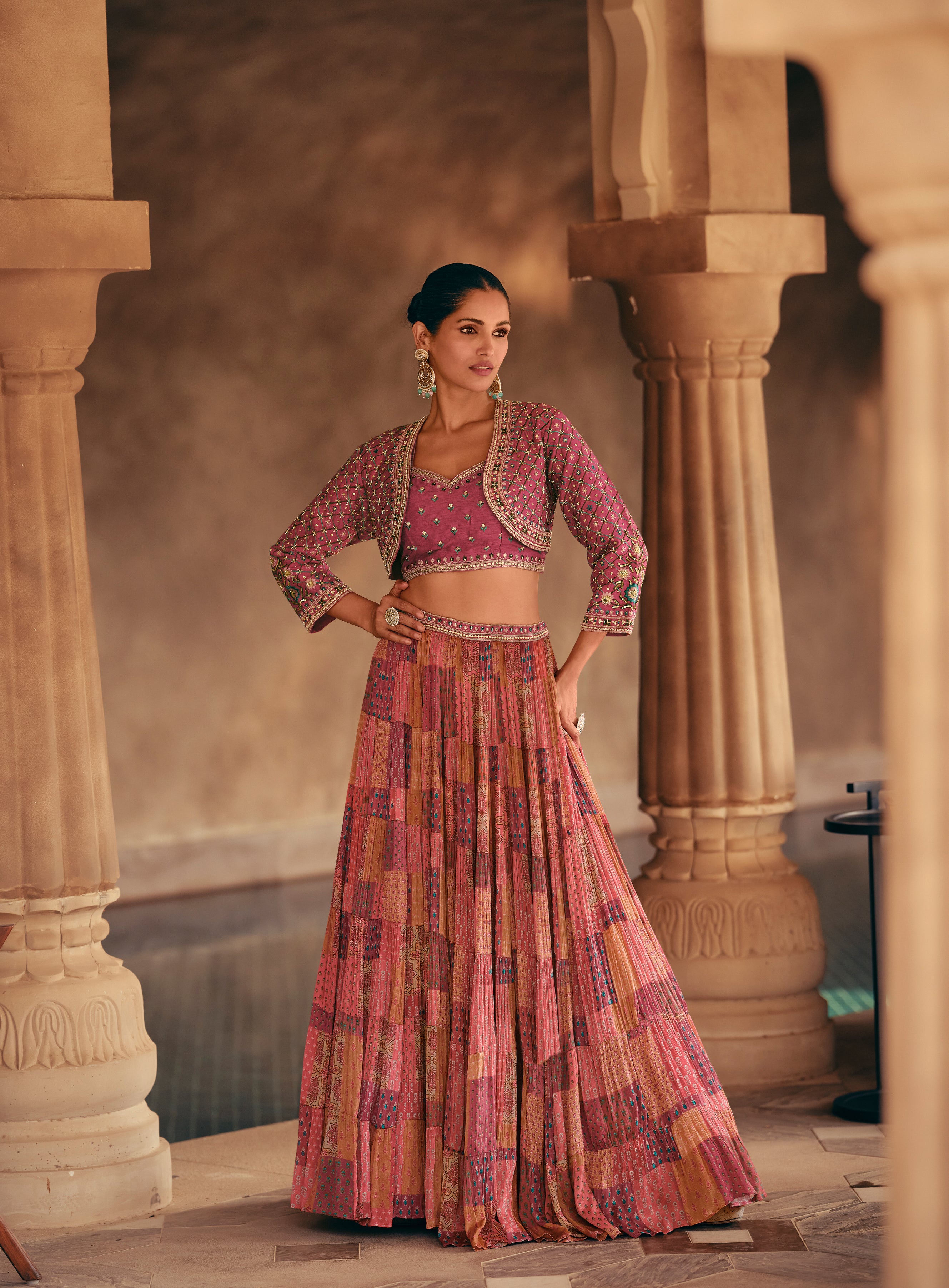 Designer Purple lehenga with detailed embroidery Shrug on chinon silk