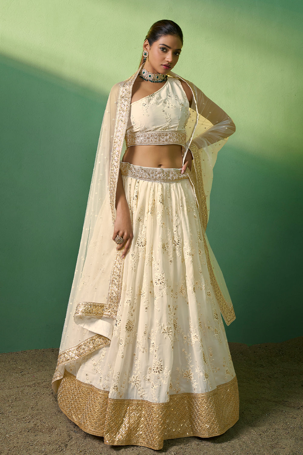 Designer Off White detailed Indian tradition design on georgette lehenga with sequence and embroidery | bollywood lehenga