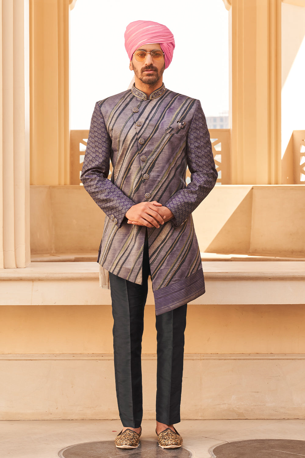 Exclusive latest purple designer mens indowestern sherwani kurta in pure pv silk and foil print  with handwork