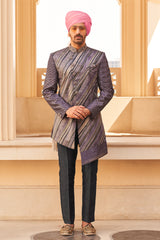 Exclusive latest purple designer mens indowestern sherwani kurta in pure pv silk and foil print  with handwork