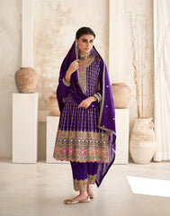 Exclusive Purple Pure Silk Designer Flared Salwar Suit with Detailed Embroidery | Salwar Kameez | Designer Dress