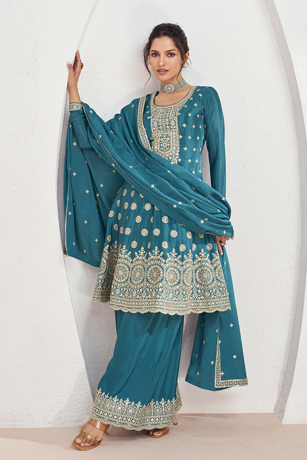 Premium Chinon silk designer Blue shaded dress with detailed embroidery and work