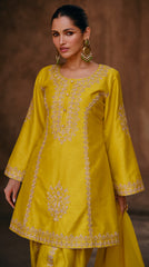 Unique Designer Pure Chinon yellow Dress with detailed embroidery Sharara