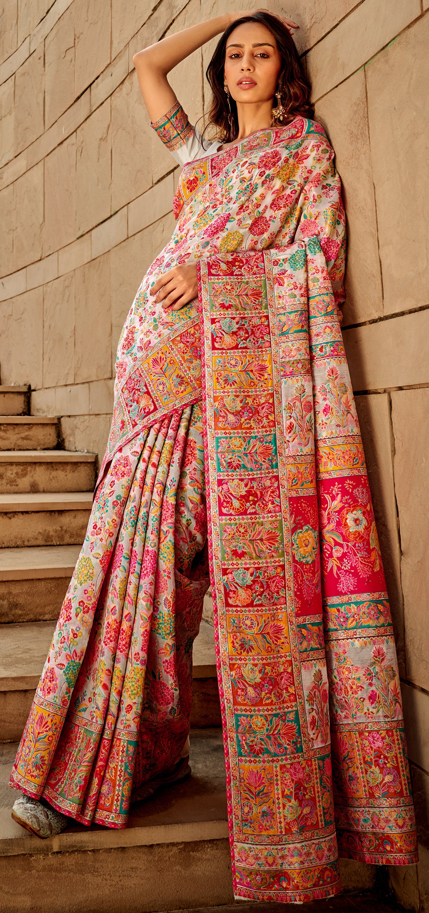 Kashmiri saree exclusive light shaded collection with detailed kashmiri inspired work on modal kashmiri fabric