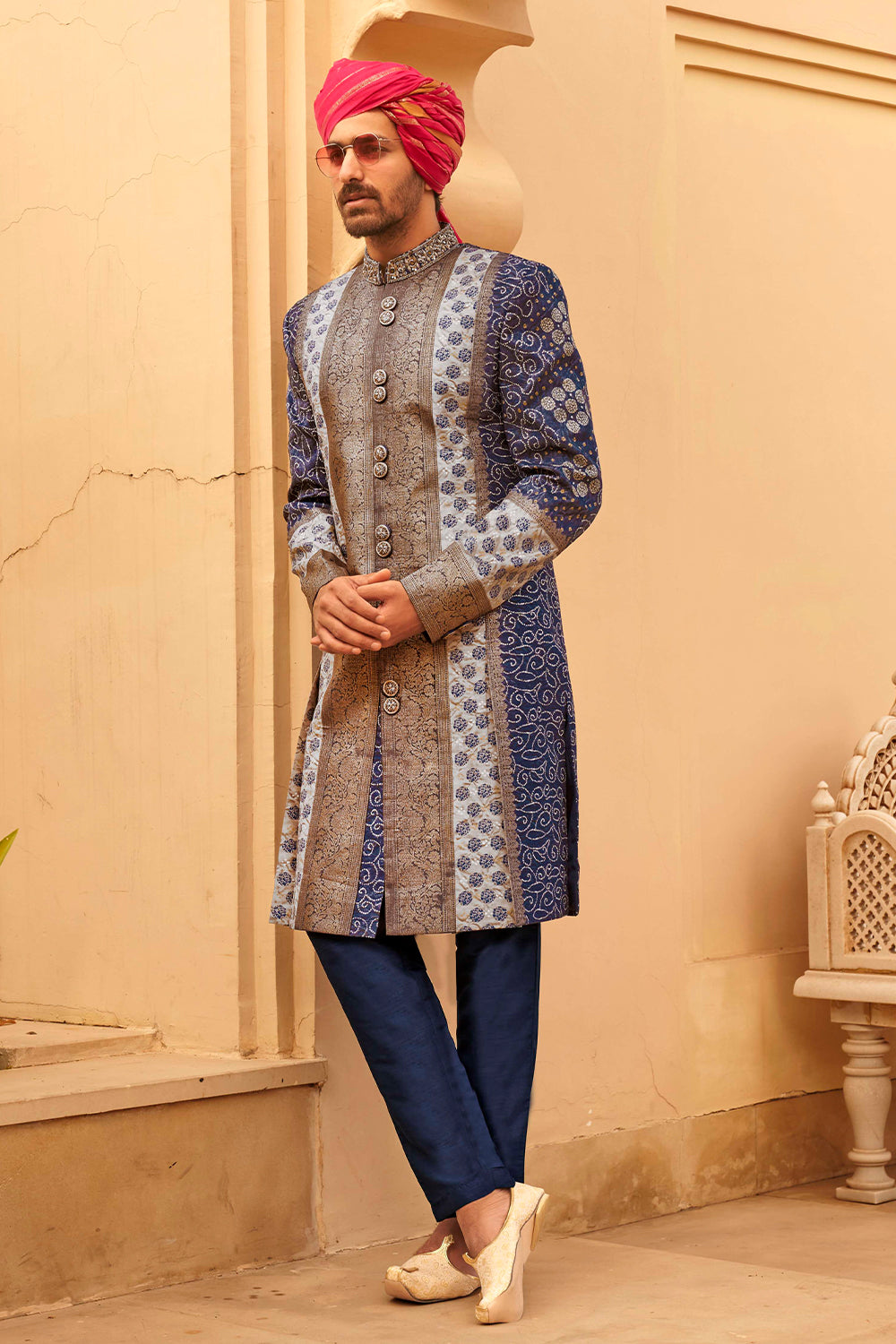 Exclusive latest Royal Blue designer mens indowestern sherwani kurta in pure pv silk and foil inspired with handwork