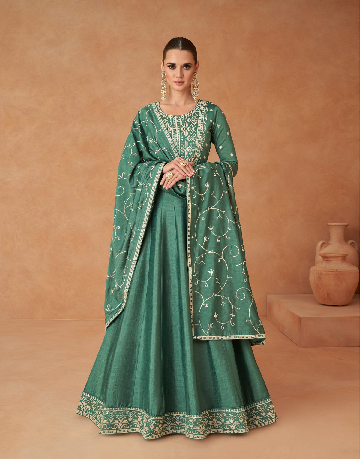 Designer dark green ankarkali dress gown in premium silk with detailed embroidery