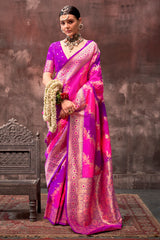 Dark Pink shaded leheriya silk saree with handloom weaving saree | Shaded leheriya style Saree