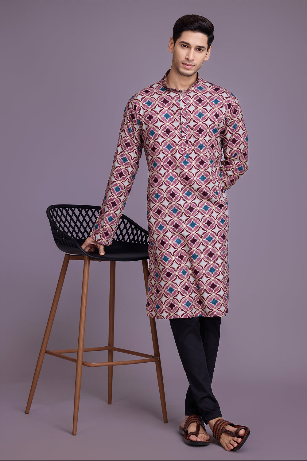 Dusty Pink Contrasting indian aspiring Printed rayon Mens kurta for wedding and other occasion comes with pajama