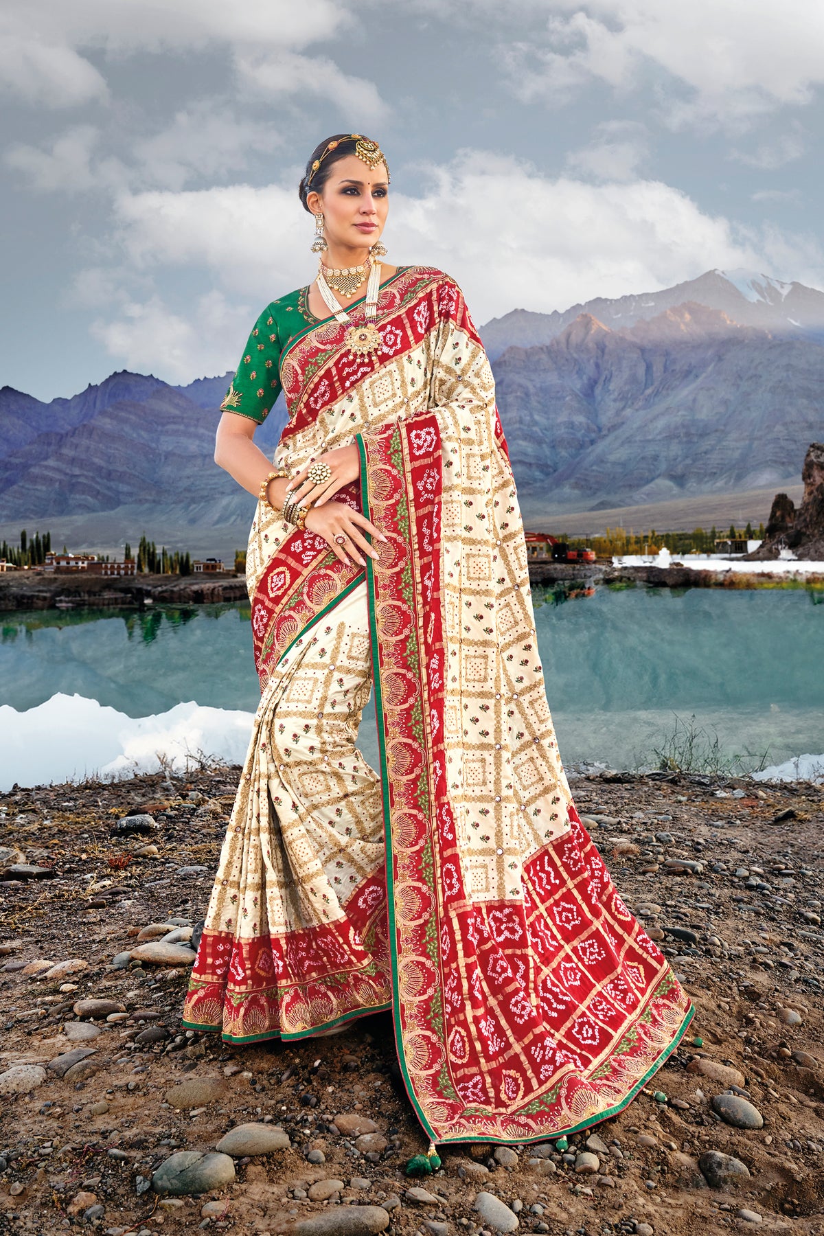 Pure gazzi off white hand weaved saree with real mirror, moti & cut dana work hand embellished work