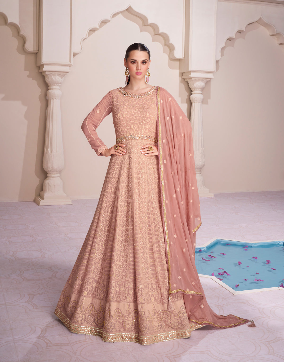 Elegant Designer Peach Lucknowi Embroidered Anarkali Dress with contrasting Organza Dupatta | Dress for all Occasion | Anarkali Dress