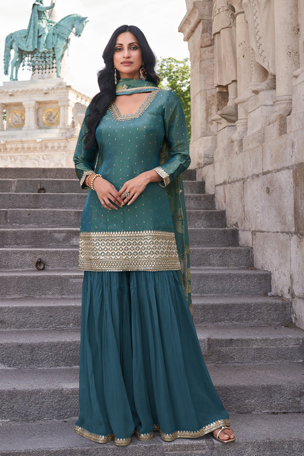 Premium Chinon Silk Designer peacock feather Shaded Dress With Detailed Embroidery and Work