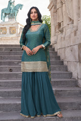 Premium Chinon Silk Designer peacock feather Shaded Dress With Detailed Embroidery and Work