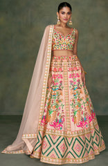 Contrasting silk designer lehenga with detailed embroidery work dupata in net