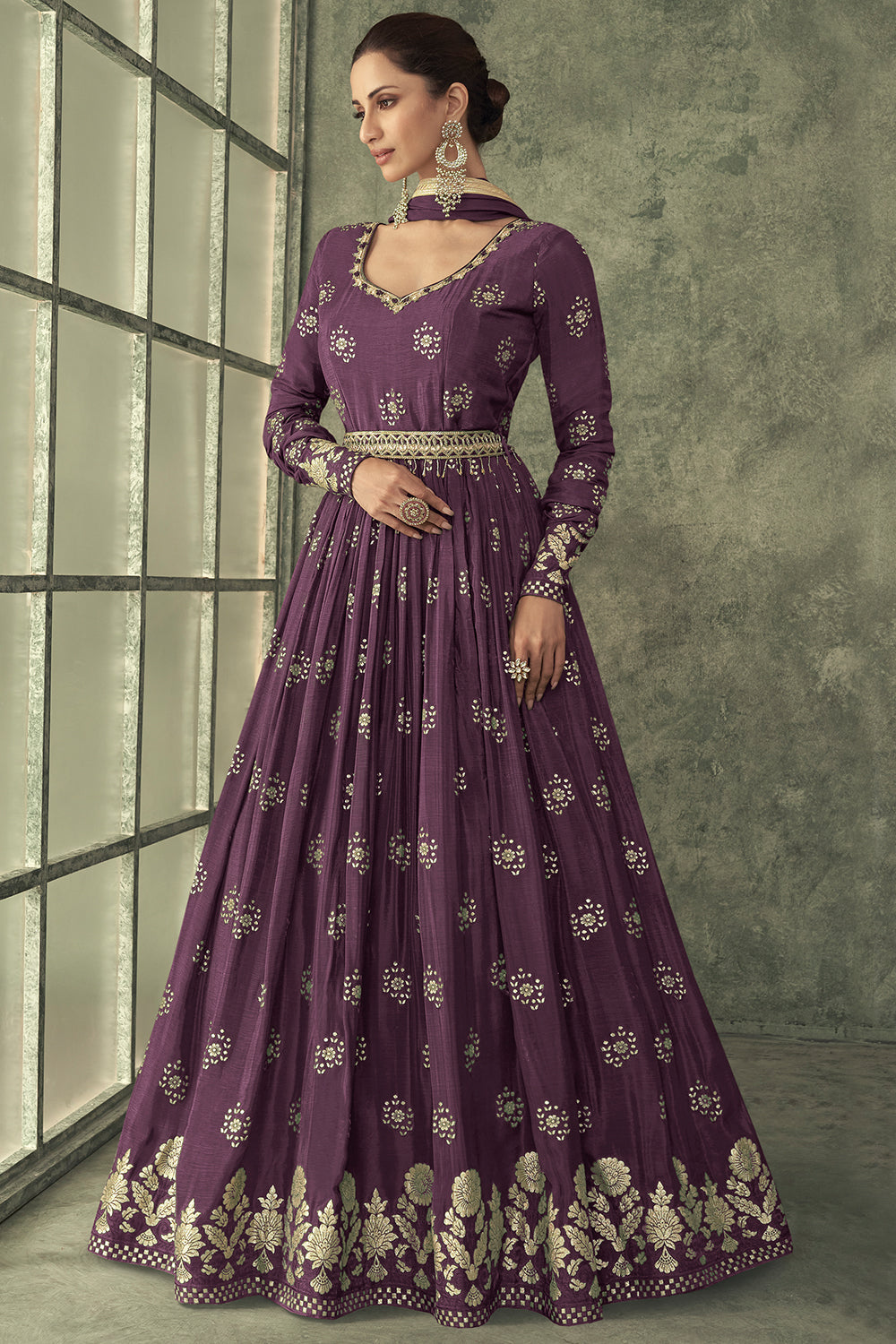 Pure Viscose designer Purple dress with thread and detailed embroidery work indian aspiring design