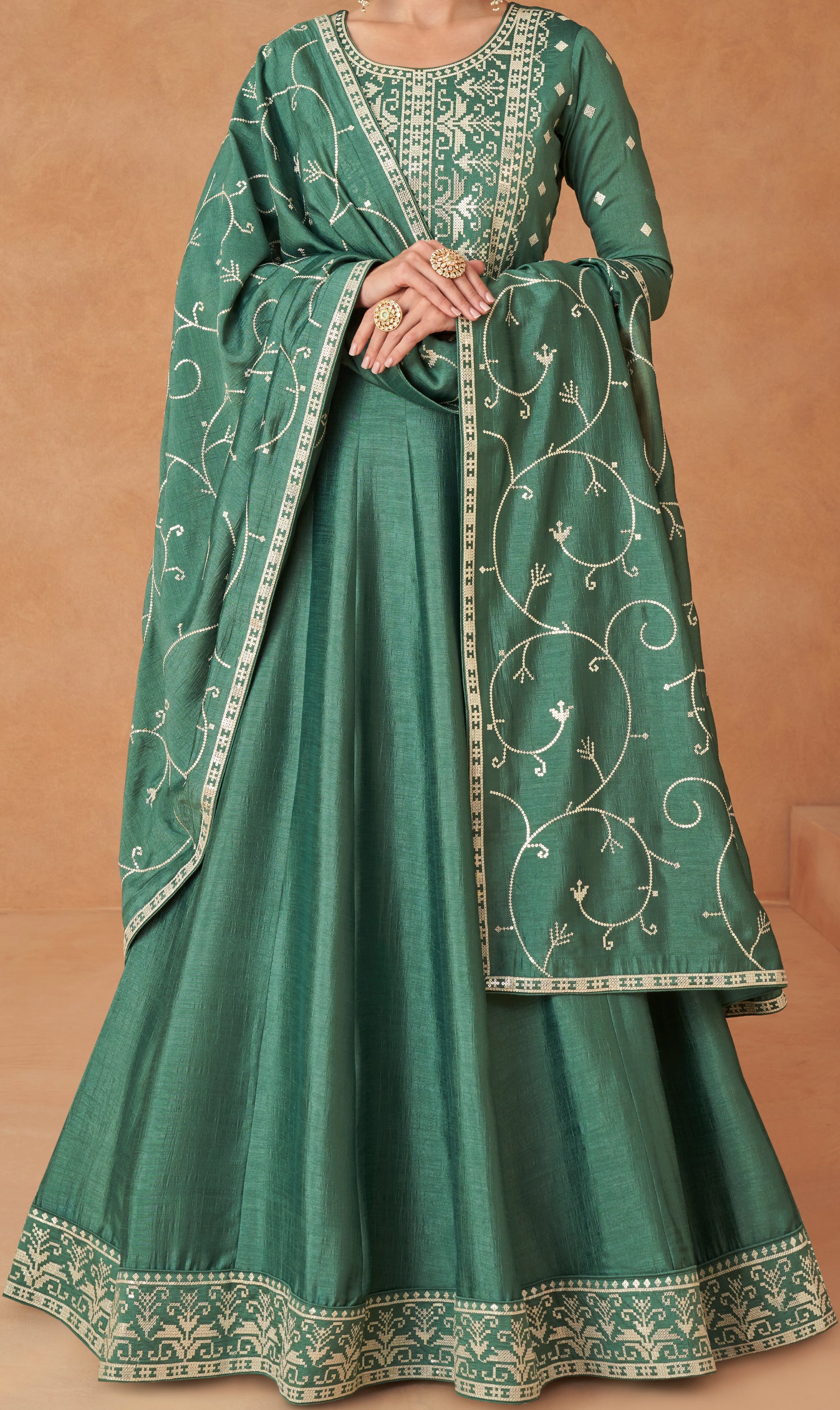 Designer dark green ankarkali dress gown in premium silk with detailed embroidery