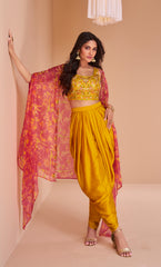 Exclusive handwork on viscose nylon Dhoti style yellow dress with floral shrug| unique dress indian wear