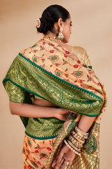 South Indian Green & Cream Contrast Pure Dharmavaram Silk Designer Saree