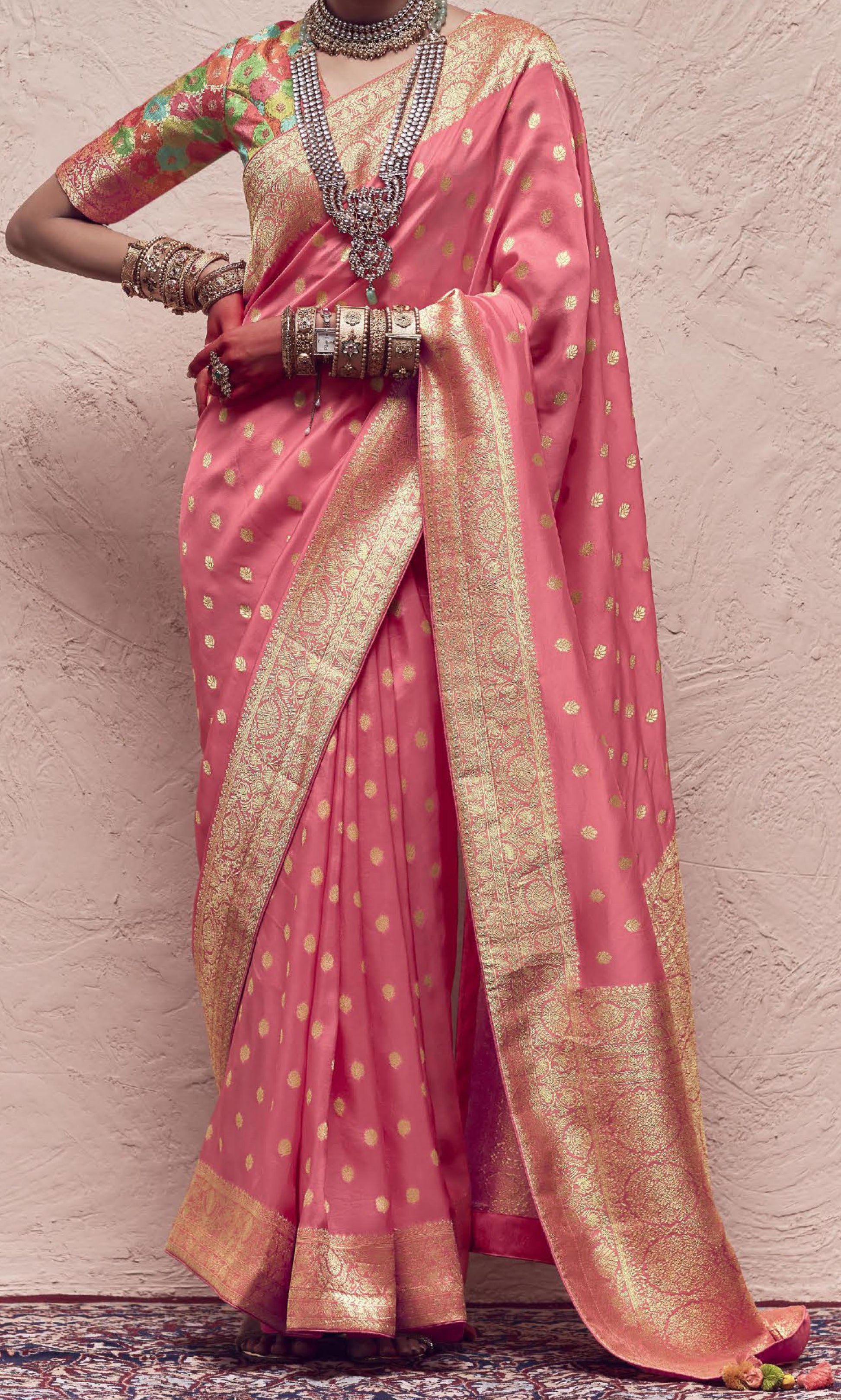 Contrasting Fancy Blouse Saree on Pure Crape Dola Silk Saree with Tussles on Pallu