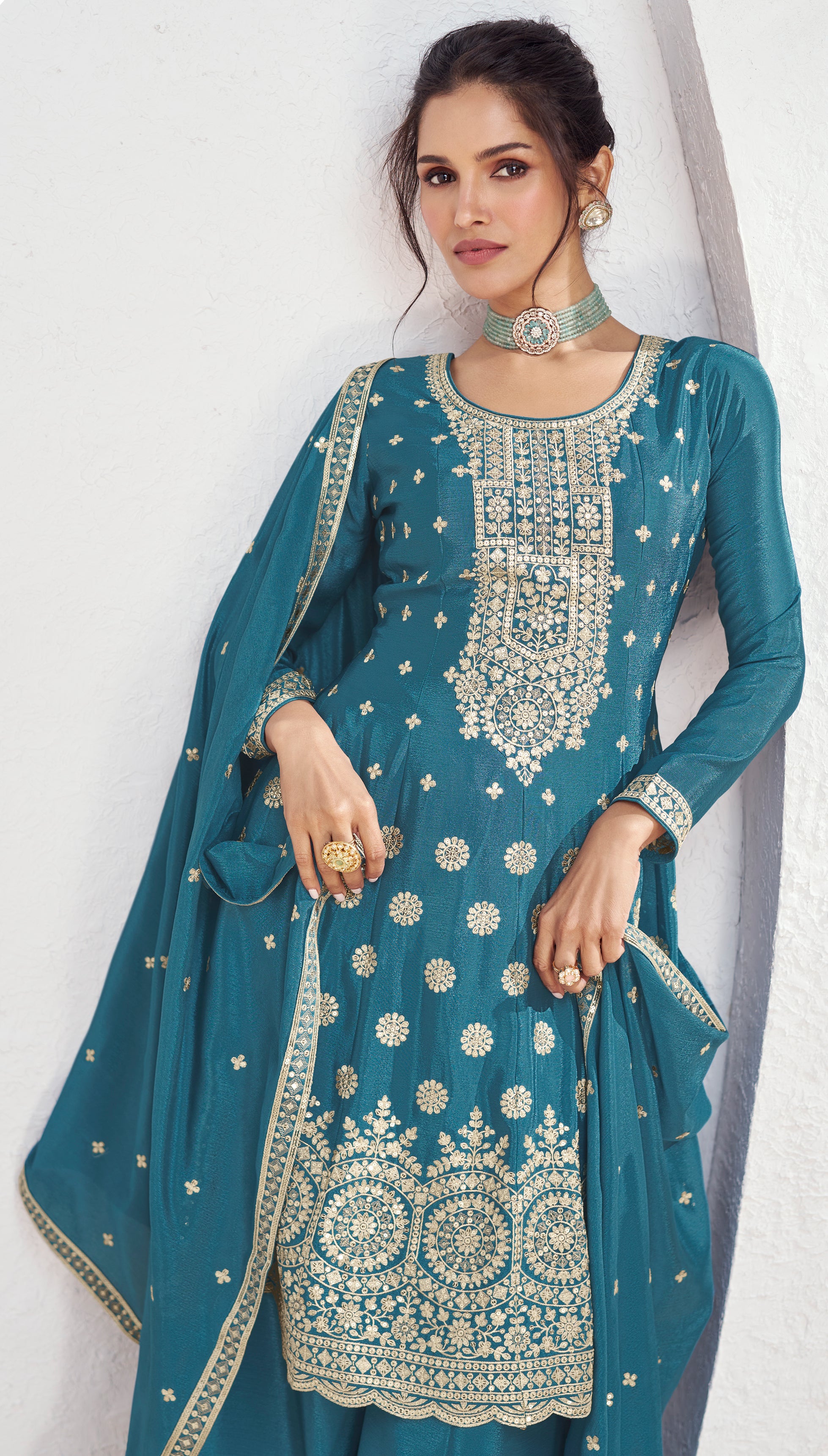 Premium Chinon silk designer Blue shaded dress with detailed embroidery and work