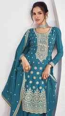 Premium Chinon silk designer Blue shaded dress with detailed embroidery and work