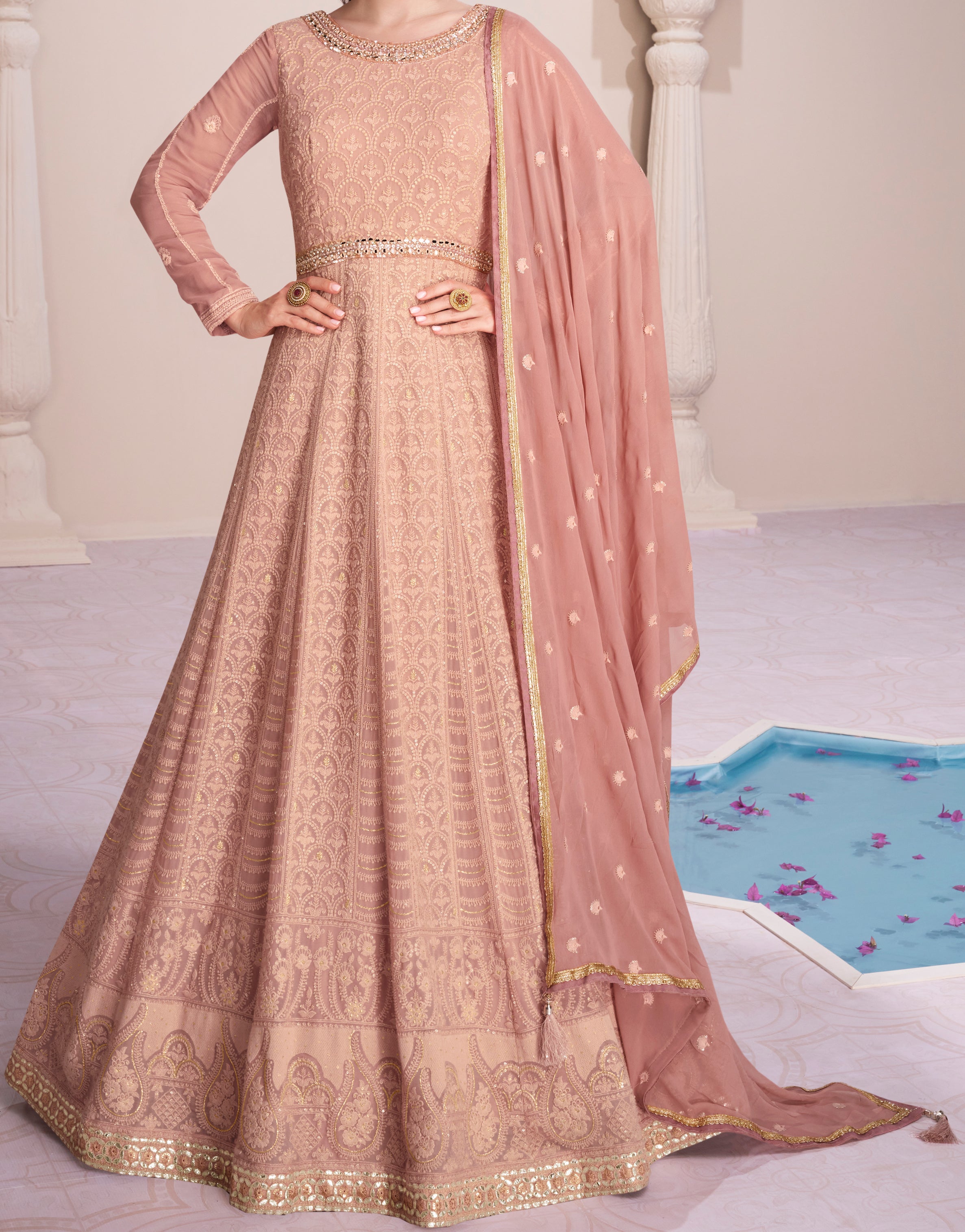 Elegant Designer Peach Lucknowi Embroidered Anarkali Dress with contrasting Organza Dupatta | Dress for all Occasion | Anarkali Dress