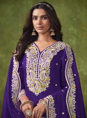 Designer Dark Purple pure silk Patiala Suits with deatiled embroidery work