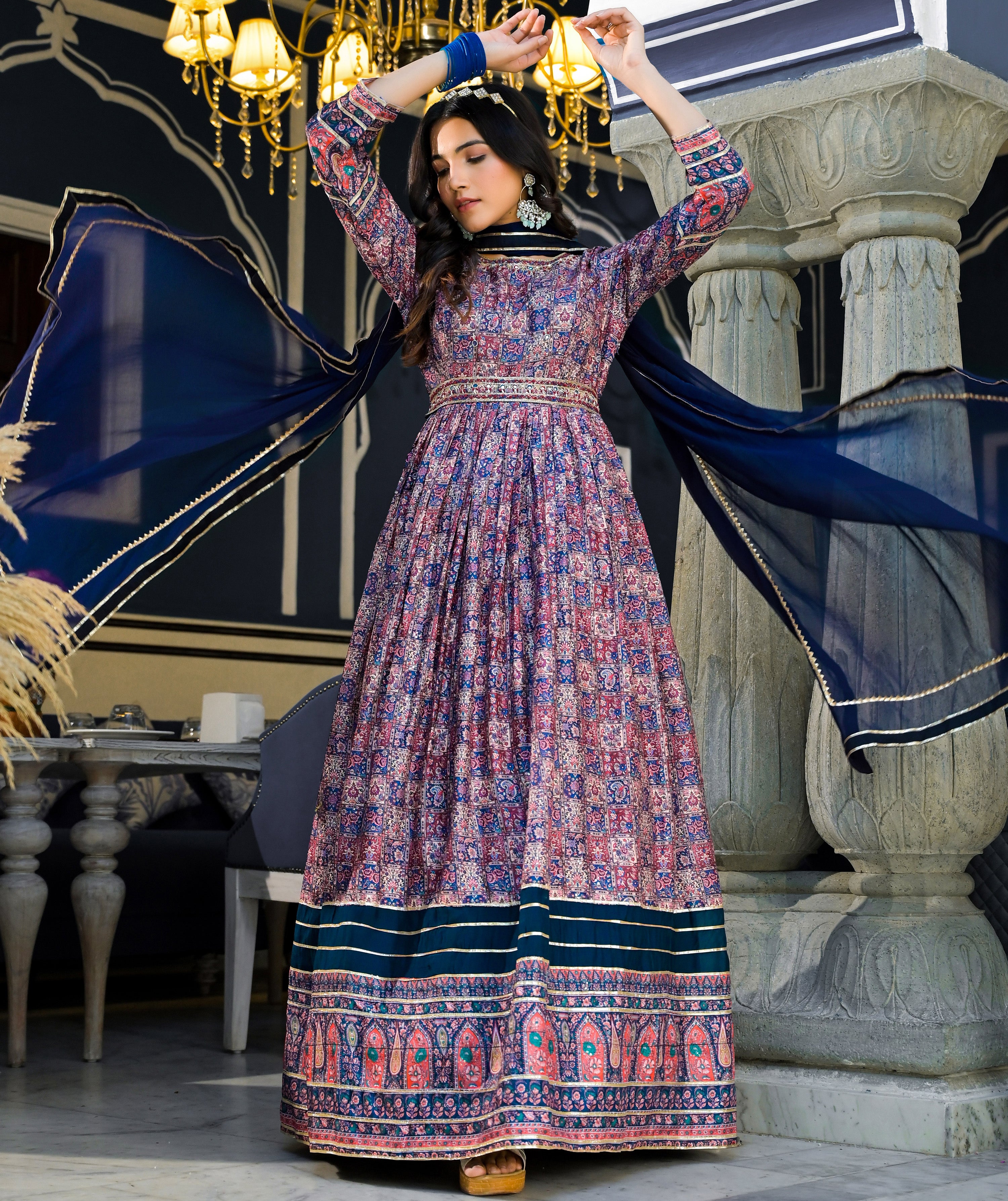 Hand work pure soft dola silk designer Gown Dress with digital print and printed dupatta