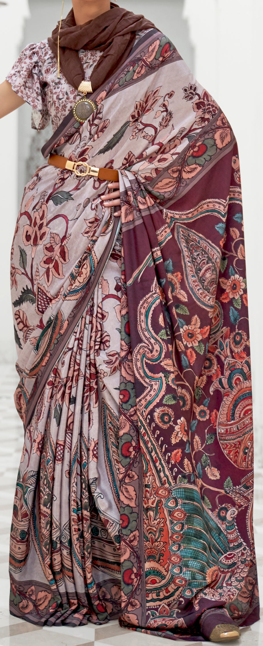 Light brown Floral Inspired Digital Printed Kalamkari Saree On pure silk crape