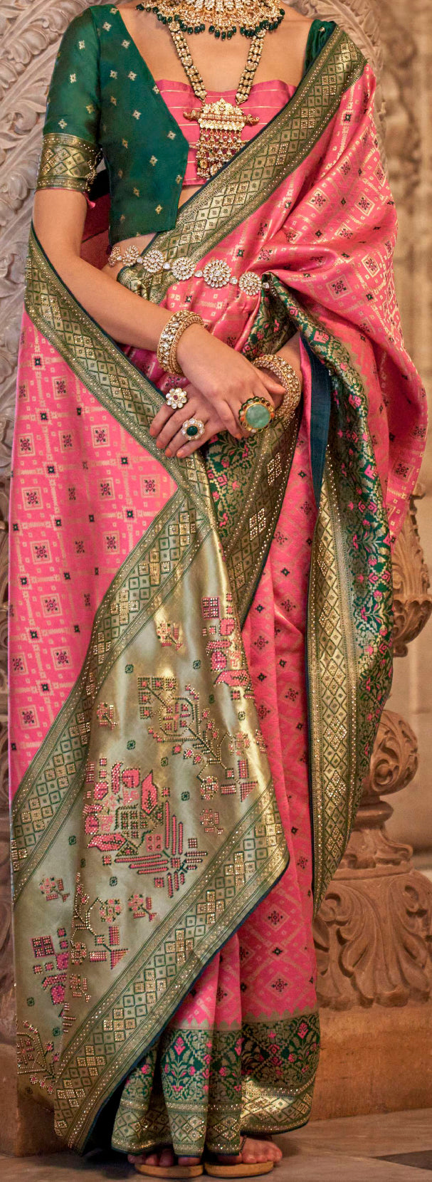 Light Pink contrasting blouse on Jacquard Weaved Banarasi Design saree With Stone Work | Banarasi Saree