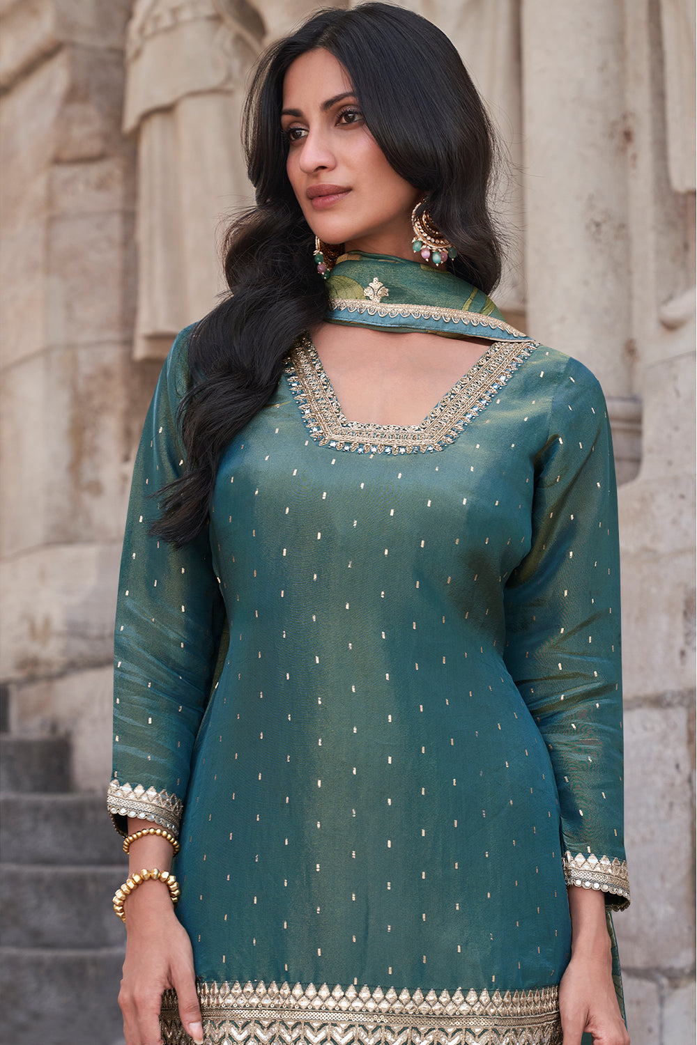 Premium Chinon Silk Designer peacock feather Shaded Dress With Detailed Embroidery and Work