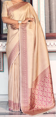 Pure Kanjivaram pastel ceam light shaded weaving silk hanloom saree with contrasting dark border