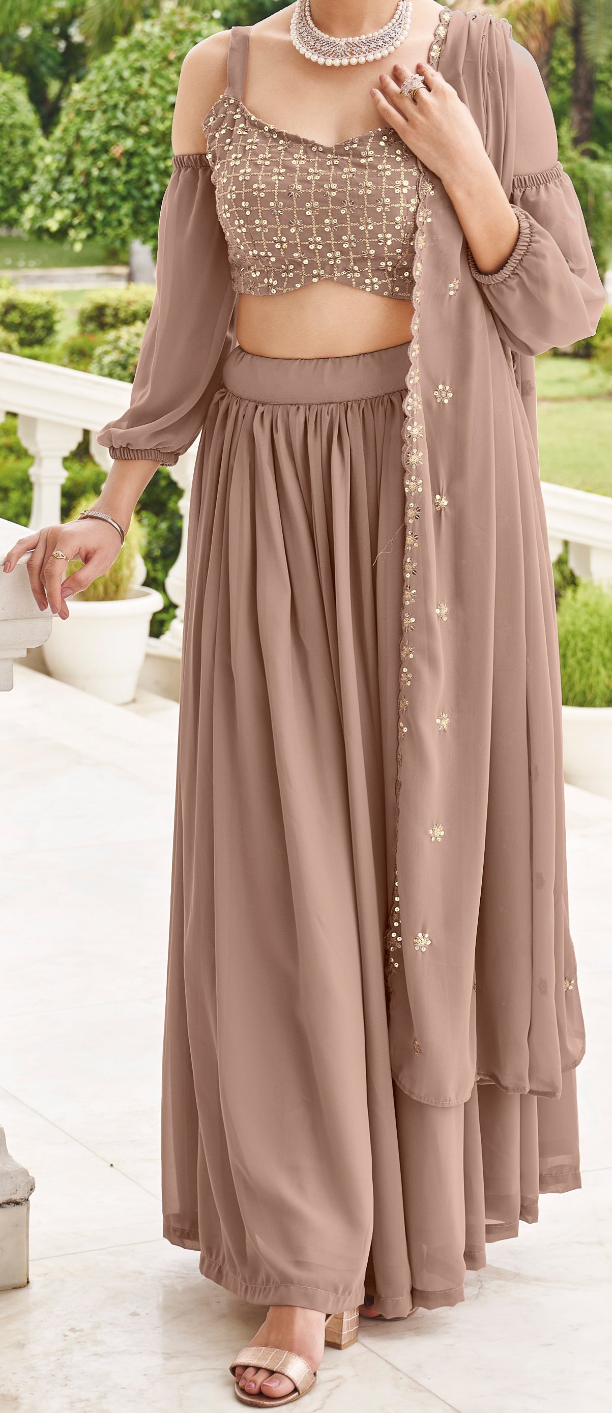 Premium brown indo western with detailed embroidery on pure georgette and sharara style | indo western style | bollywood style