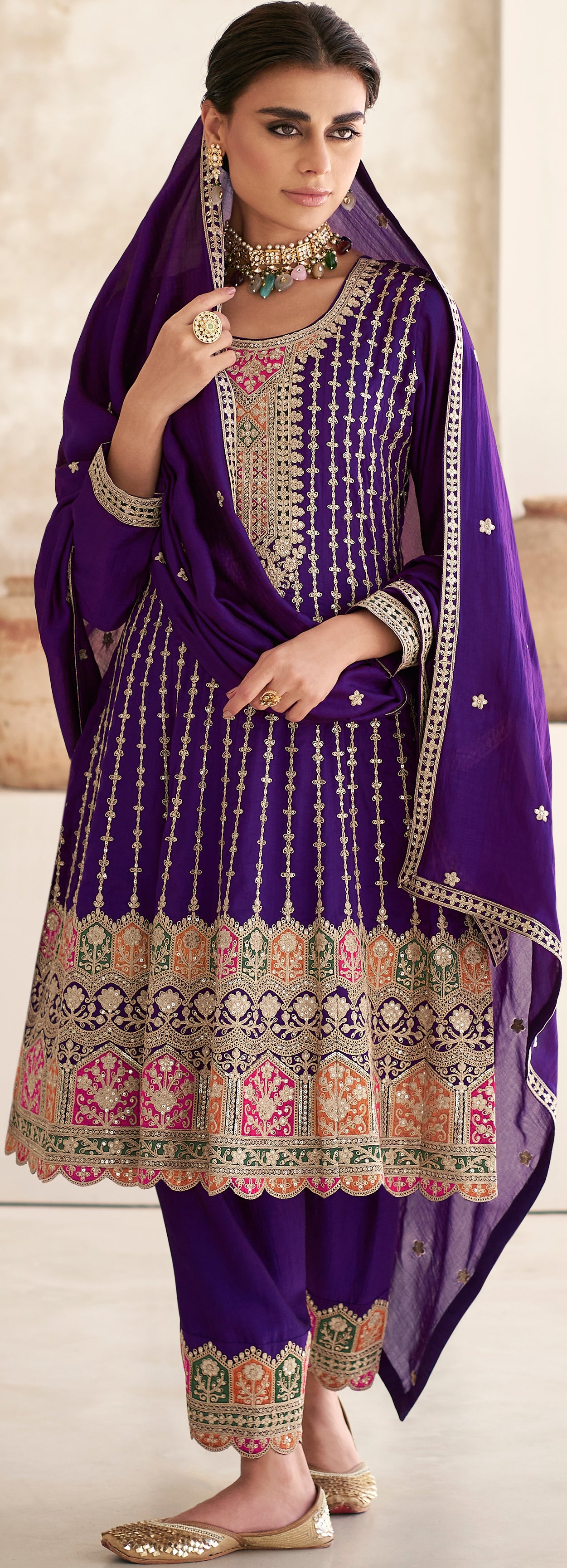 Exclusive Purple Pure Silk Designer Flared Salwar Suit with Detailed Embroidery | Salwar Kameez | Designer Dress