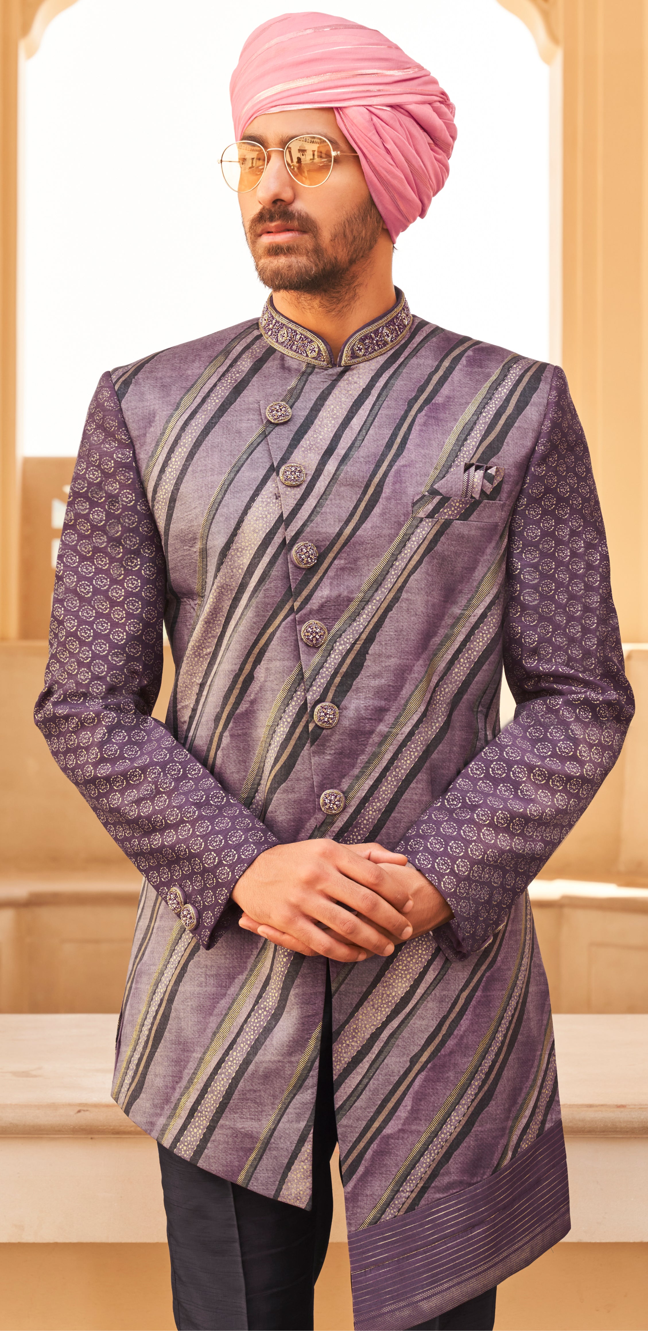 Exclusively for couple combo purple designer outfit in pure PV silk and foil print with detailed hand mirror work